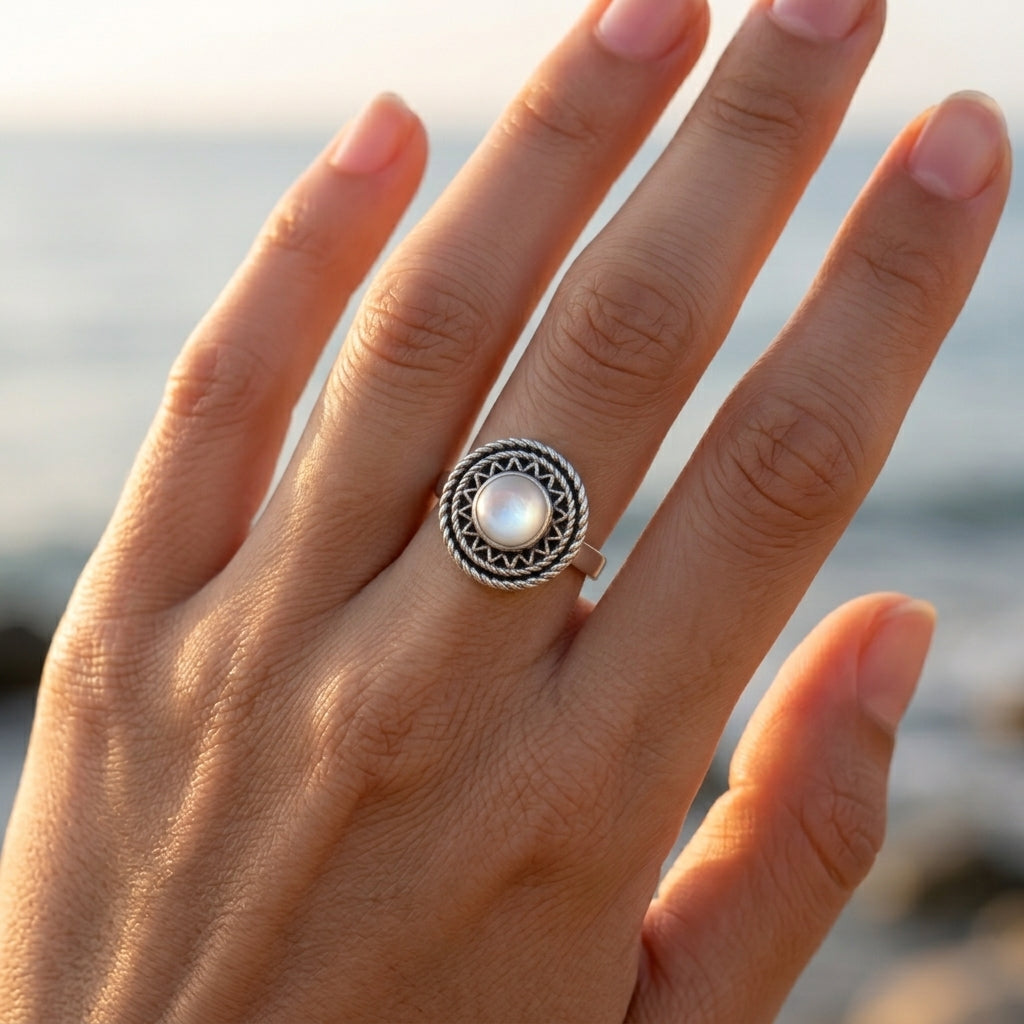 925 Silver Ring with a Heritage Design and White Mother-of-Pearl Stone