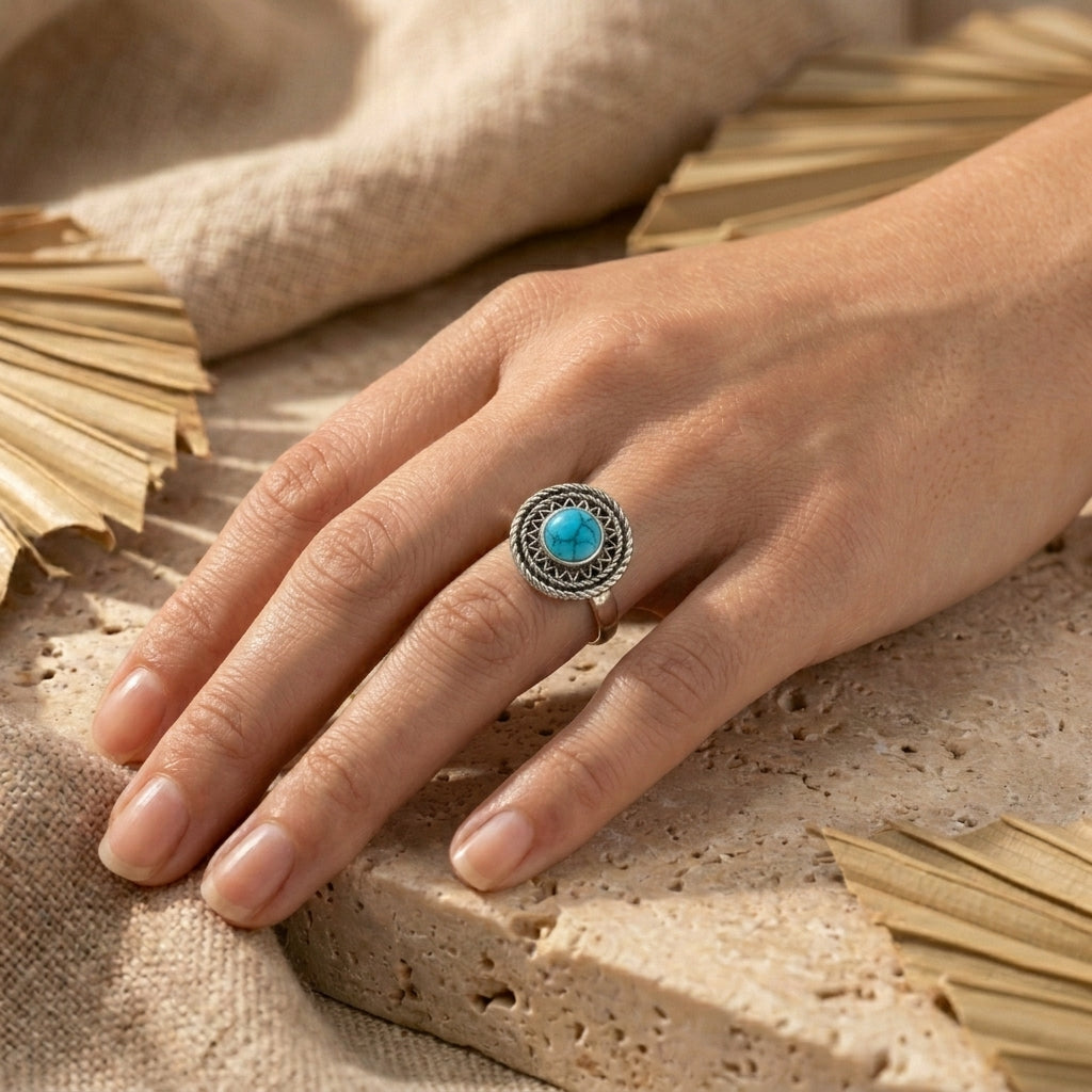 925 Silver Heritage-Inspired Round Ring with Turquoise Stone