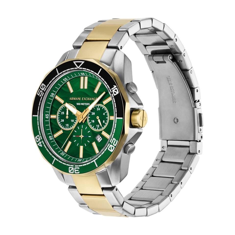 Armani Exchange Men's Chronograph Watch – Green Dial with Two-Tone Gold Stainless Steel Bracelet