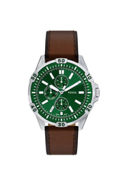 Fossil Men's Green Dial Watch with Brown Leather Strap