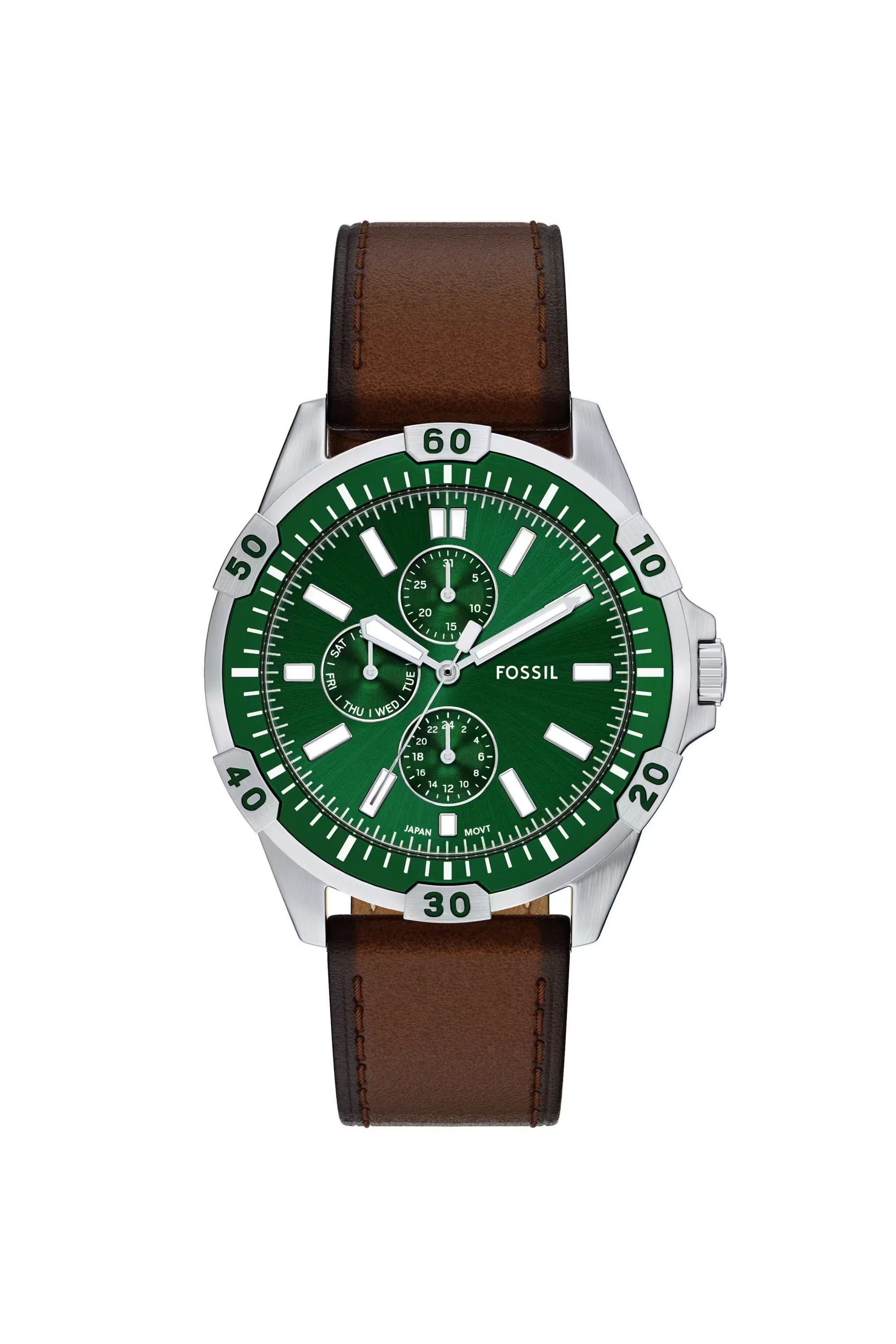 Fossil Men's Green Dial Watch with Brown Leather Strap