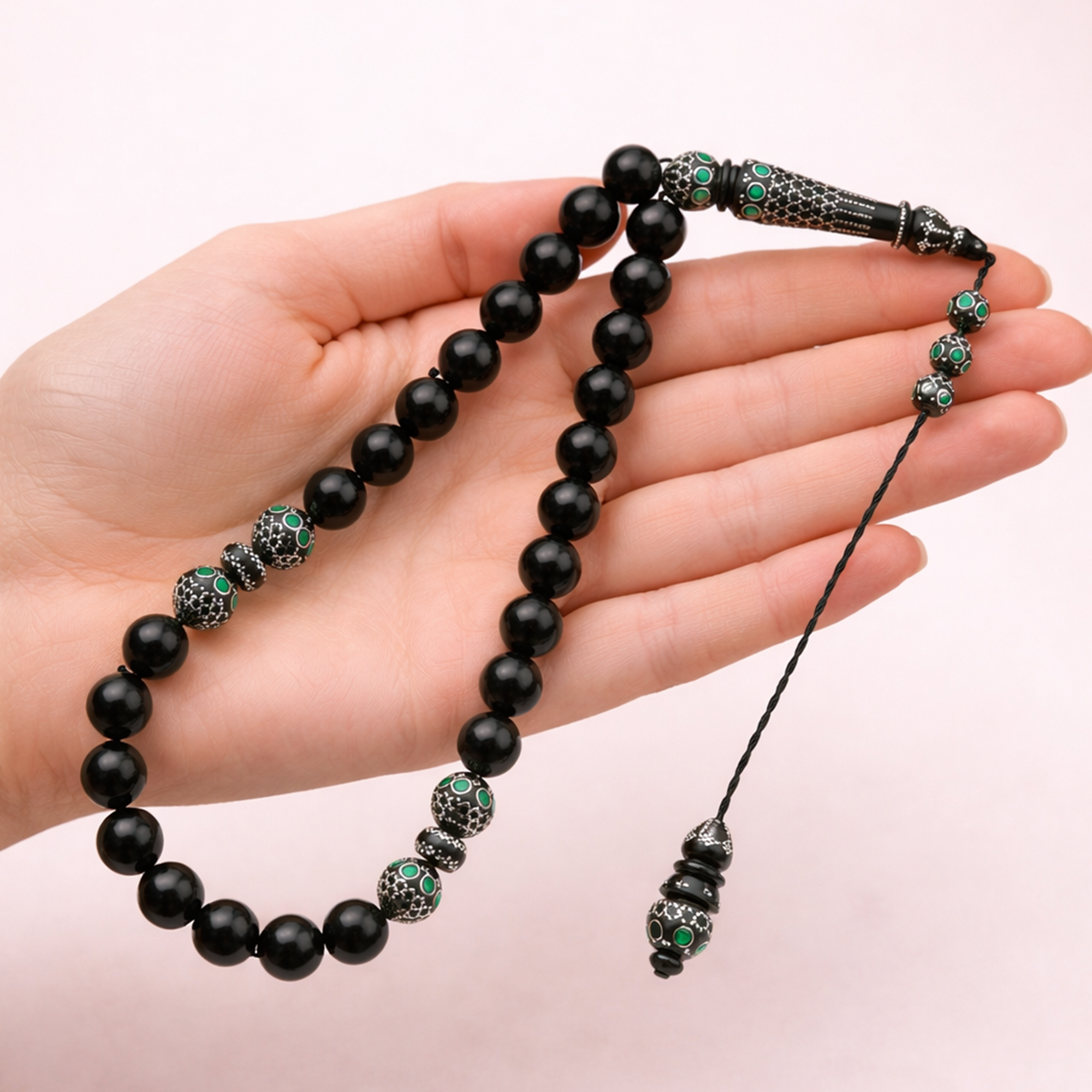 Luxury Kouk Lux Misbaha with 999 Silver and Natural Malachite – 33 Beads