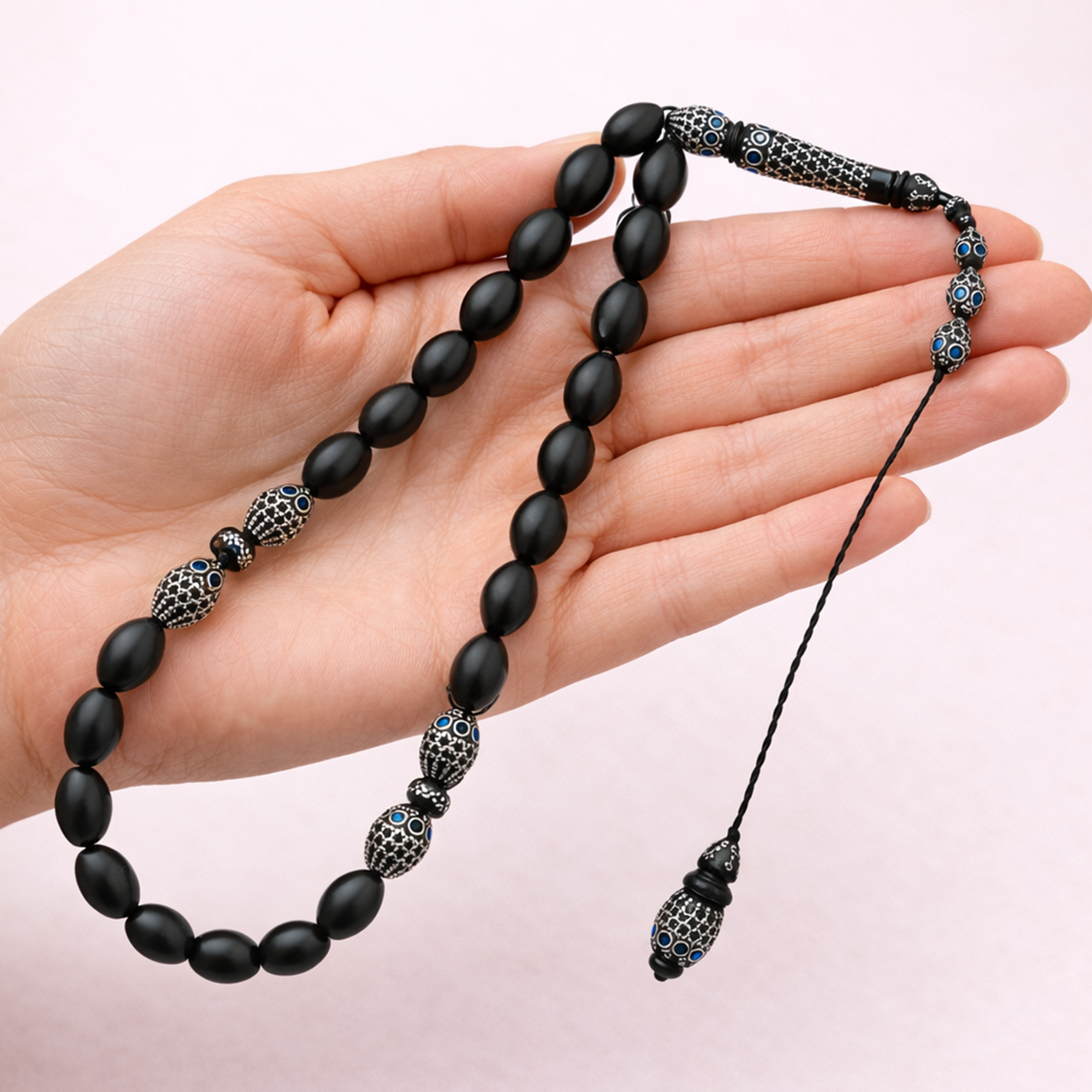 Kouk Lux Misbaha 8mm with 999 Silver Set Inlaid with Malachite – 33 Beads WROS02-B