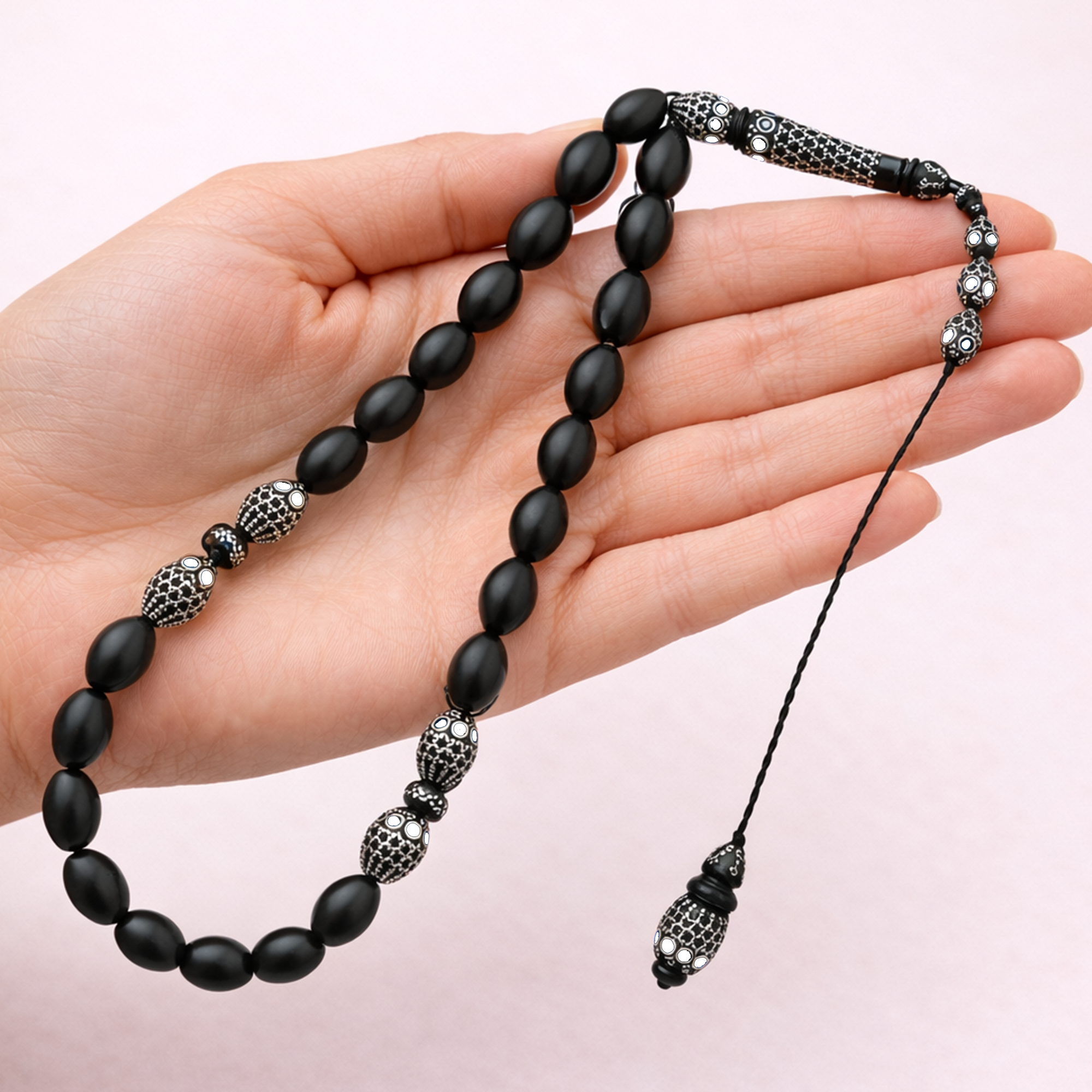 Kouk Lux Olive Misbaha 8mm with 999 Silver Set Inlaid with Ivory – 33 Beads WROS02-I