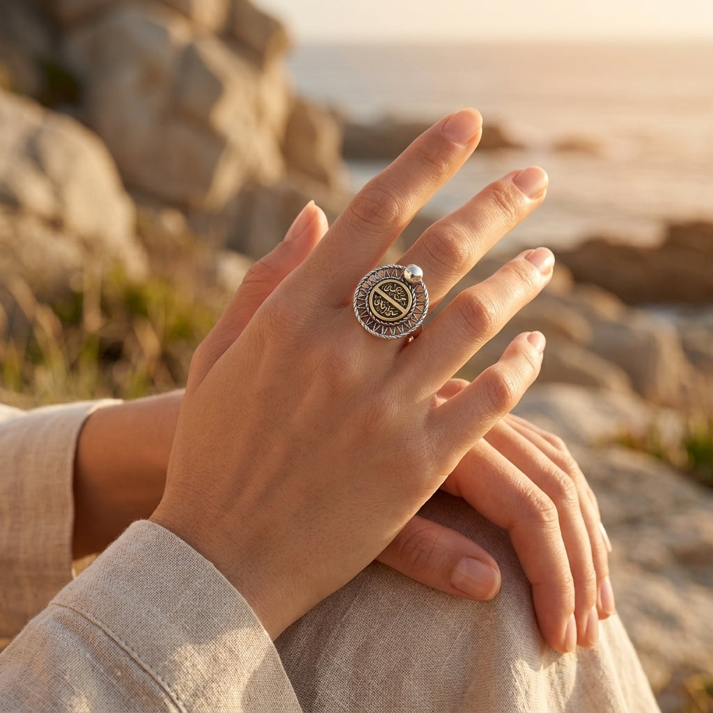 925 Silver Ring with "Jannat 'Ayni.. Sama' Qalbi" in a Heritage Design