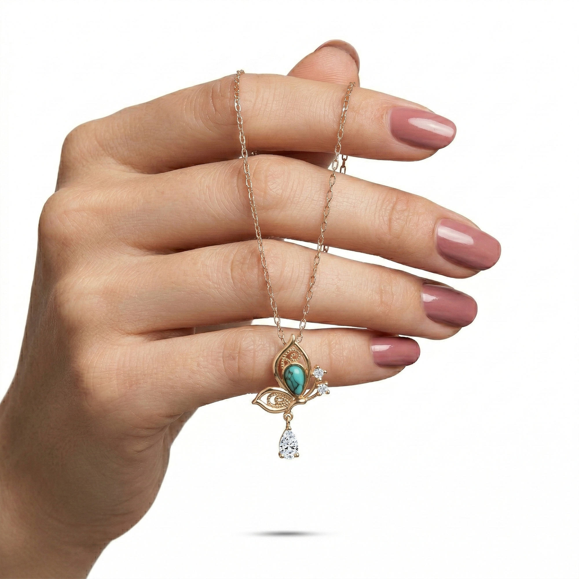 Butterfly Necklace with Dangling Turquoise Stone – Gold-Plated 925 Silver