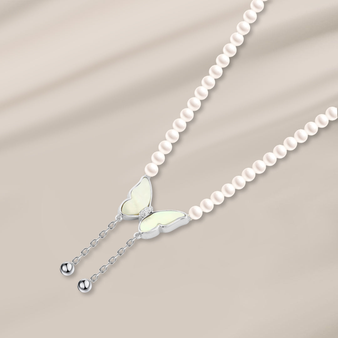 Elegant Butterfly Pearl Necklace – 925 Silver