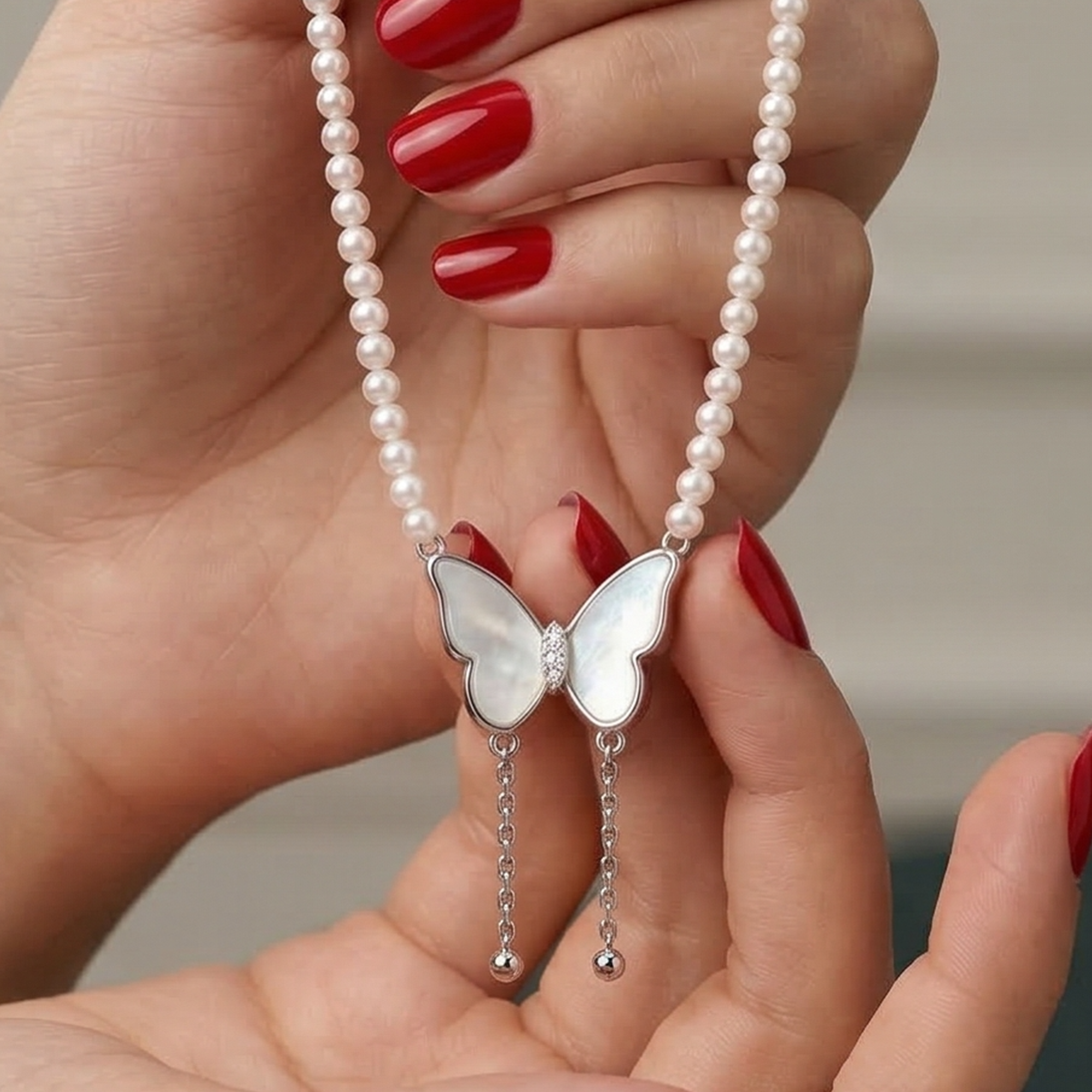 Elegant Butterfly Pearl Necklace – 925 Silver