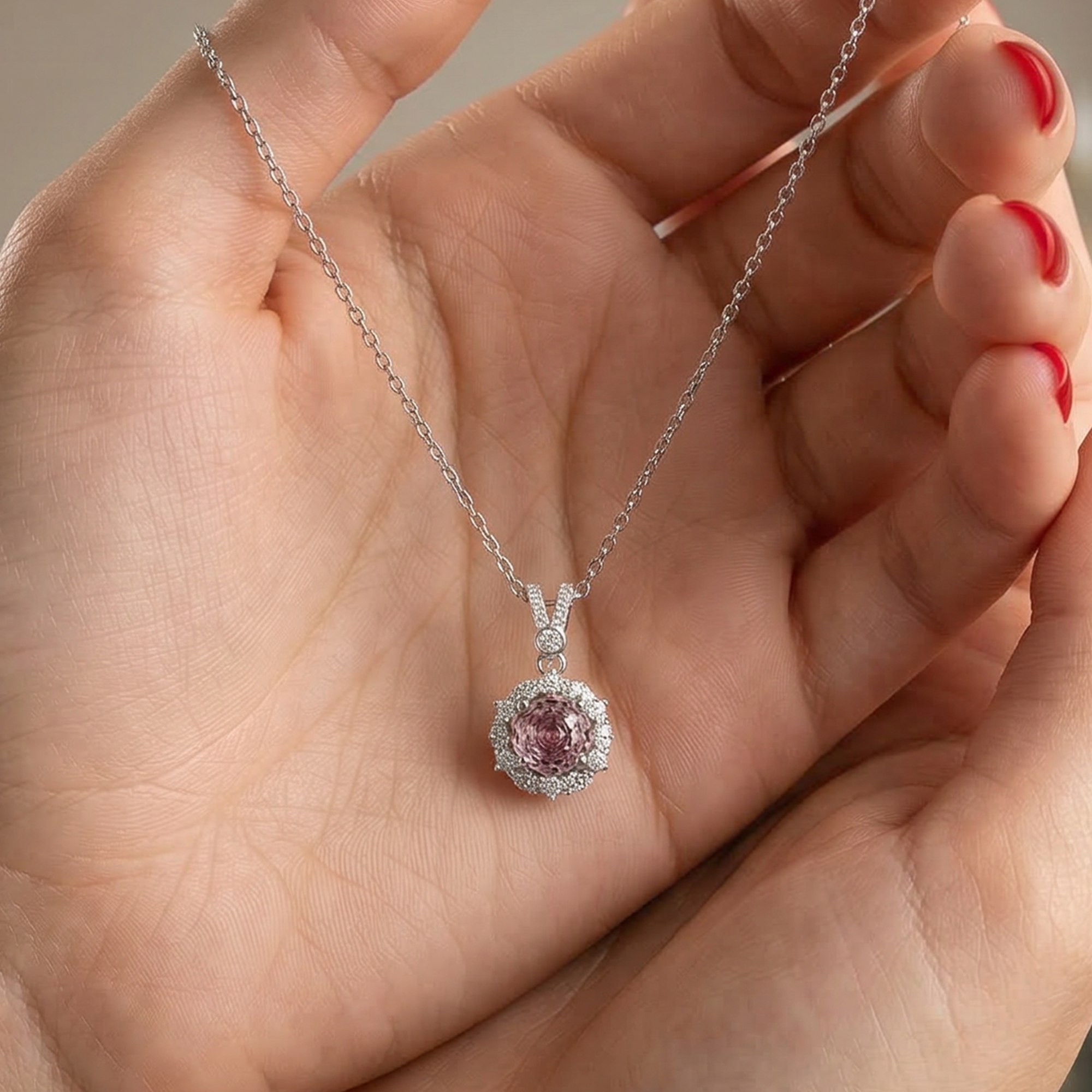 Sparkling Pink Stone Necklace Surrounded by Stones – 925 Silver