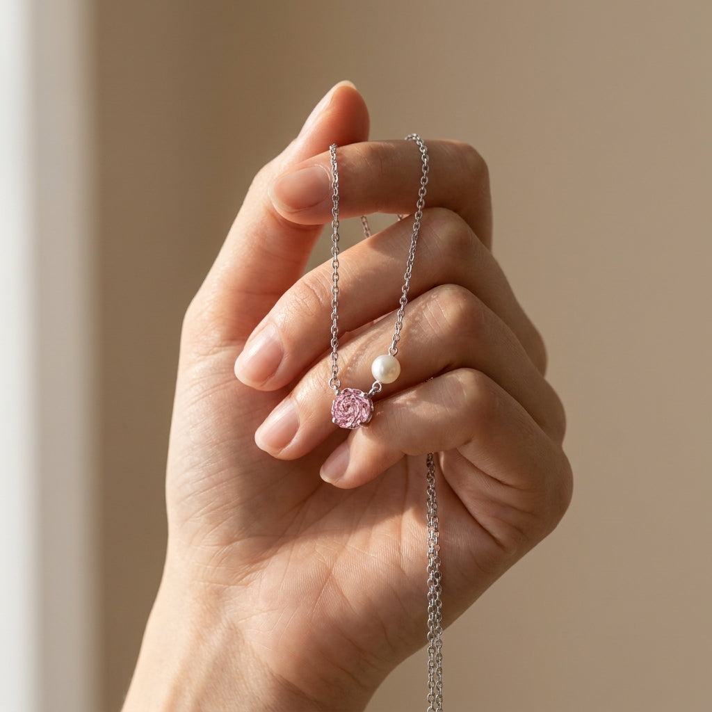 Shiny pink stone necklace with pearl,25 silver.