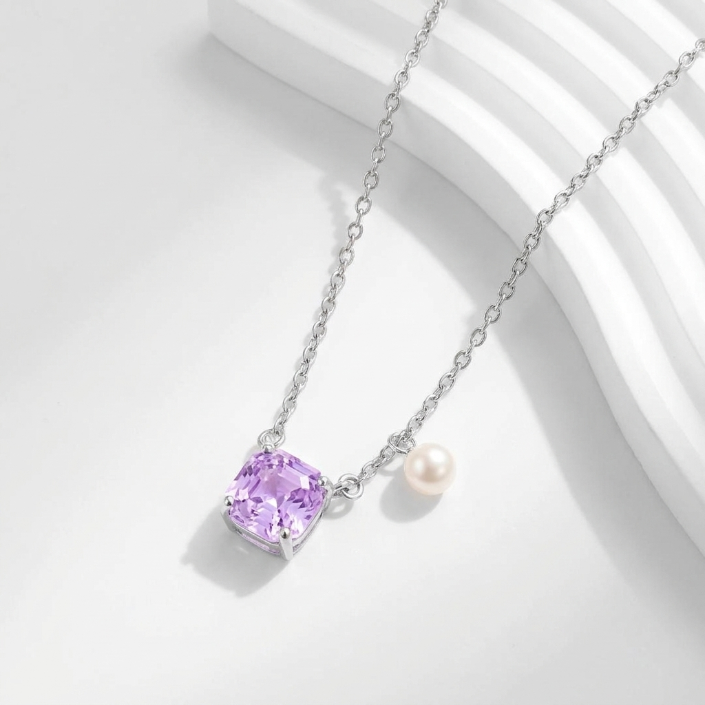 Shiny pink stone necklace with pearl,25 silver.