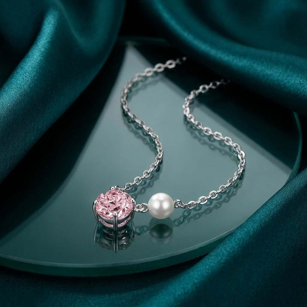 Shiny pink stone necklace with pearl,25 silver.