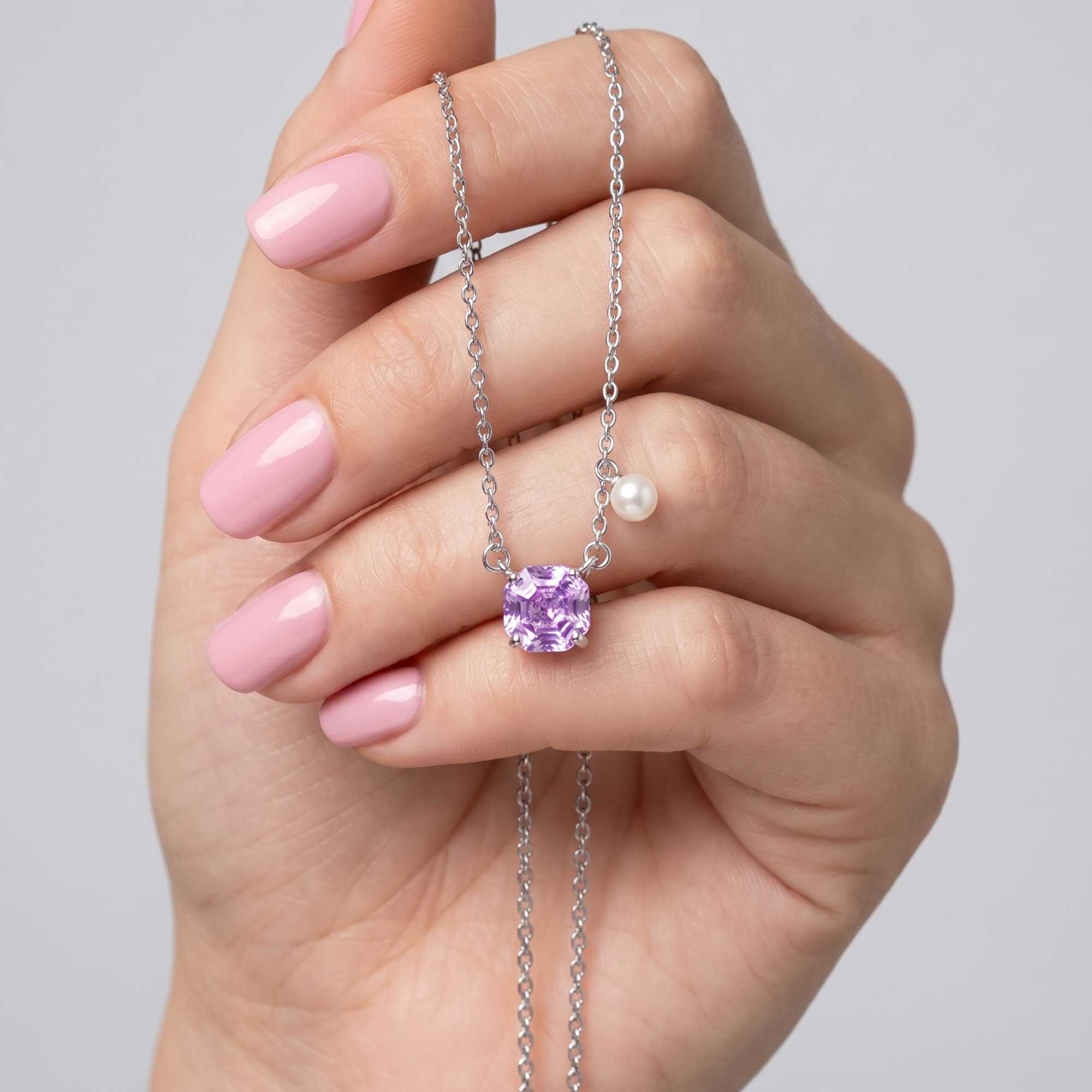 Shiny pink stone necklace with pearl,25 silver.