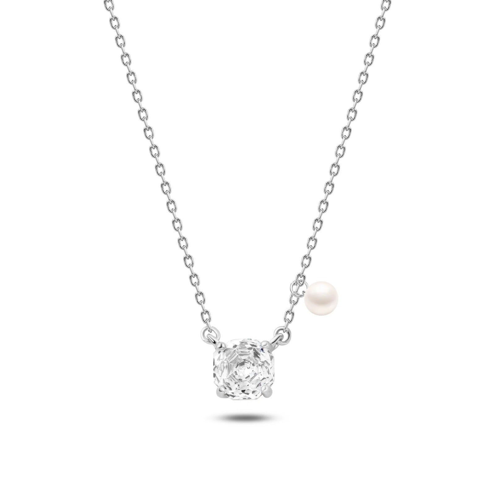 Shiny stone necklace with pearl, 925 silver.