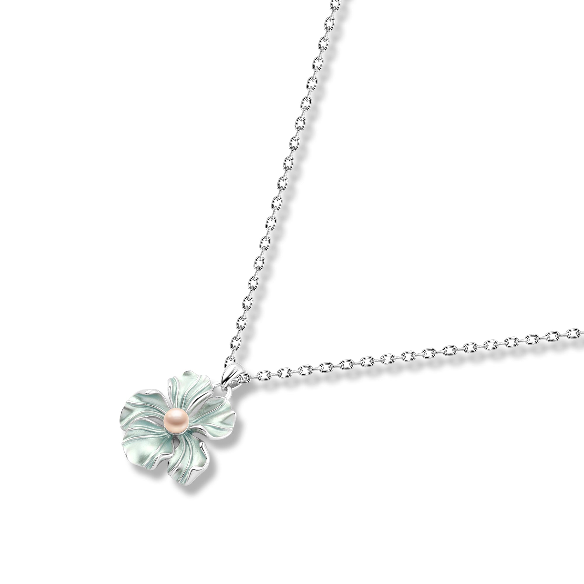 Sky Blue Flower Necklace with a Pearl – 925 Silver