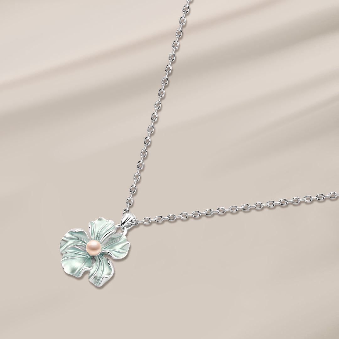 Sky Blue Flower Necklace with a Pearl – 925 Silver
