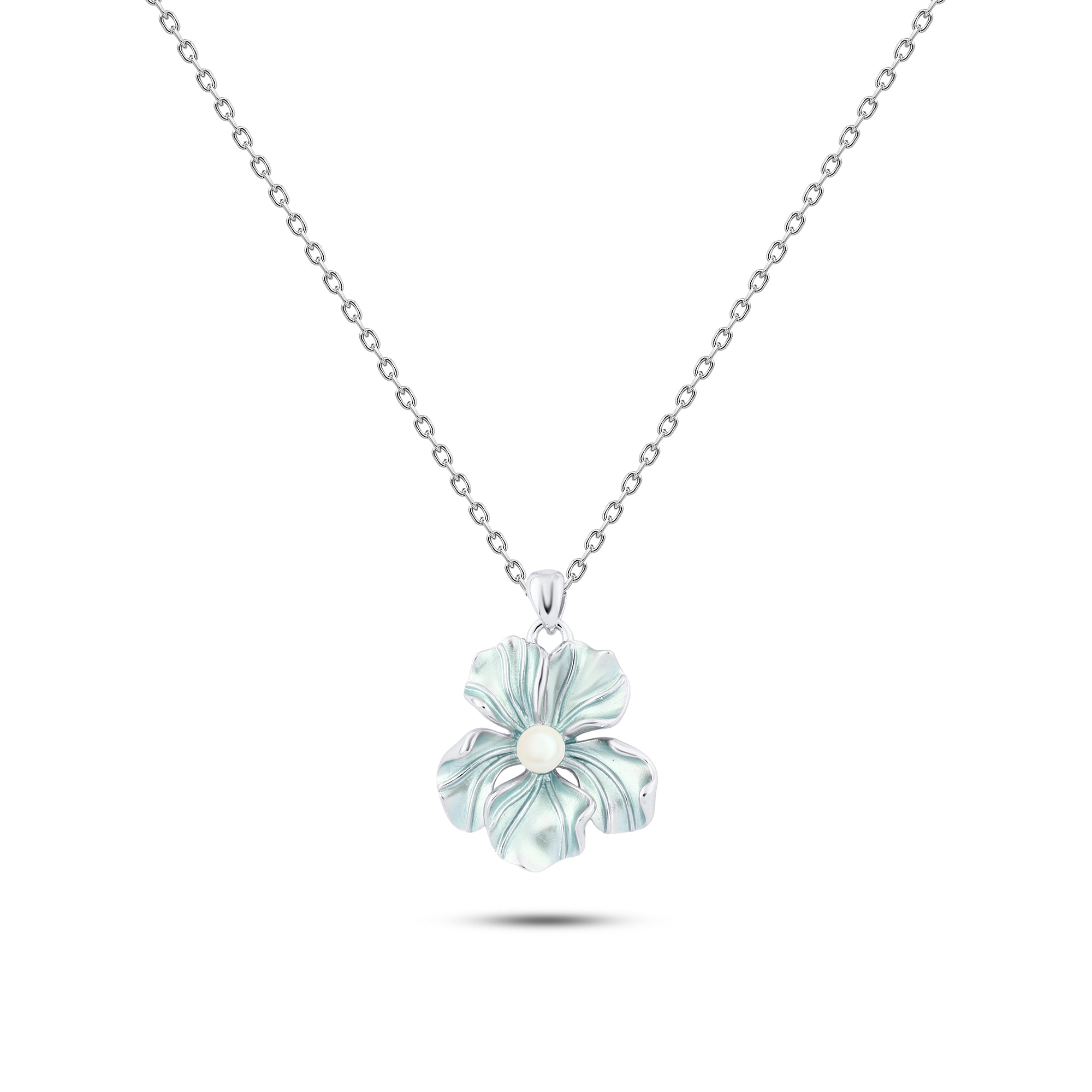 Sky Blue Flower Necklace with a Pearl – 925 Silver