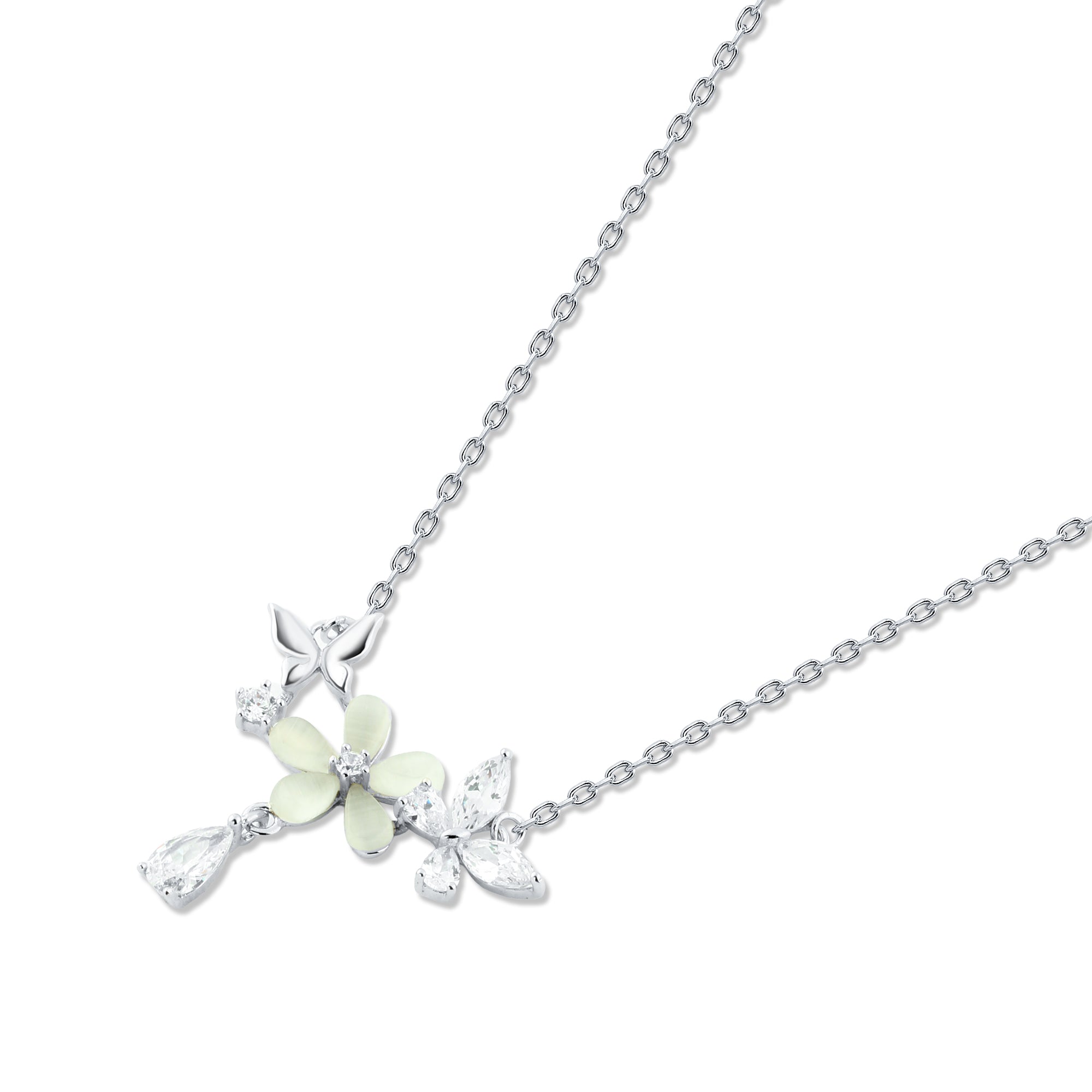 عقد فضة عيار 925 بتصميم زهري مع فراشات