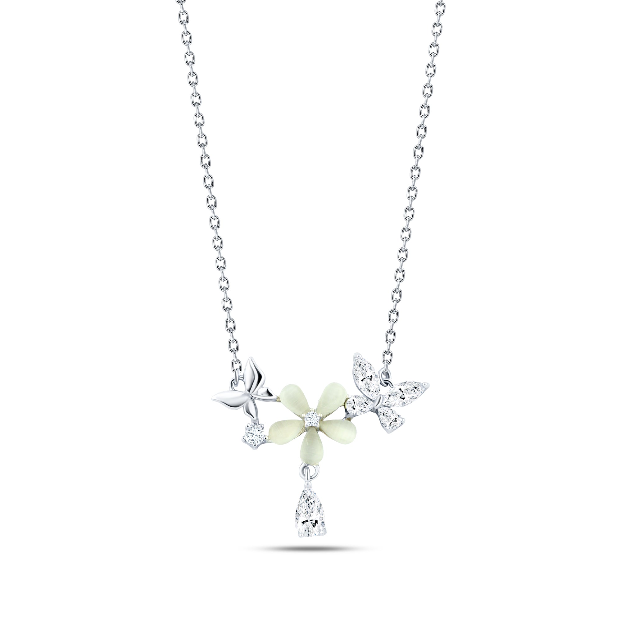 عقد فضة عيار 925 بتصميم زهري مع فراشات