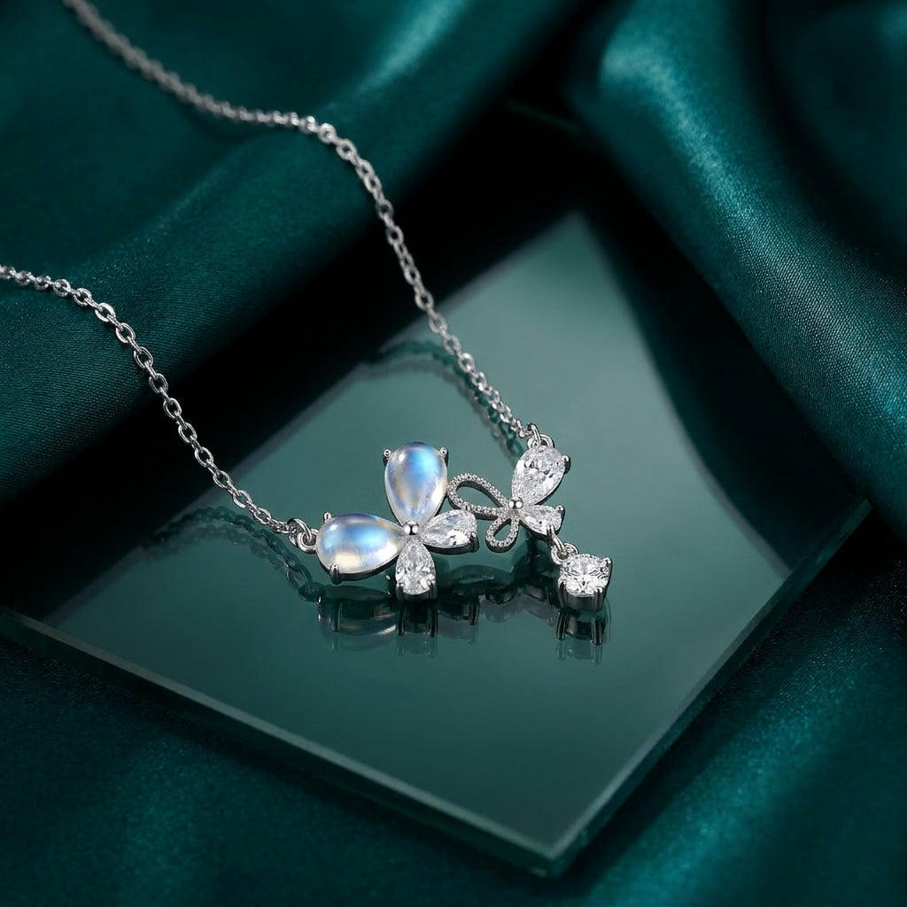 925 Silver Necklace with a Dangling Butterfly and Multicolor Shimmering Stone