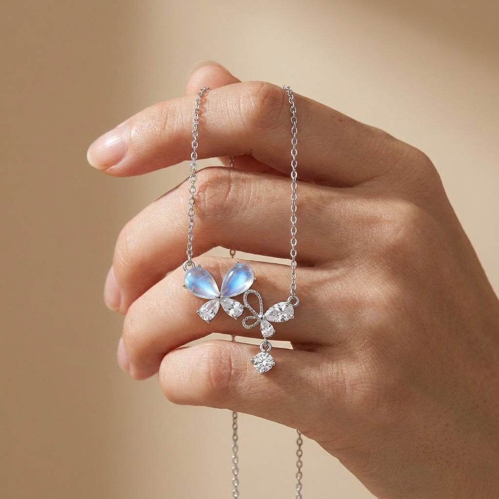 925 Silver Necklace with a Dangling Butterfly and Multicolor Shimmering Stone