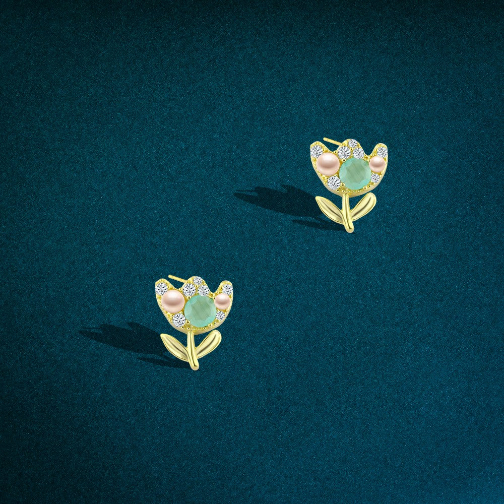 Shiny Zircon Earing Golden With a flower design 925 Sterling Silver