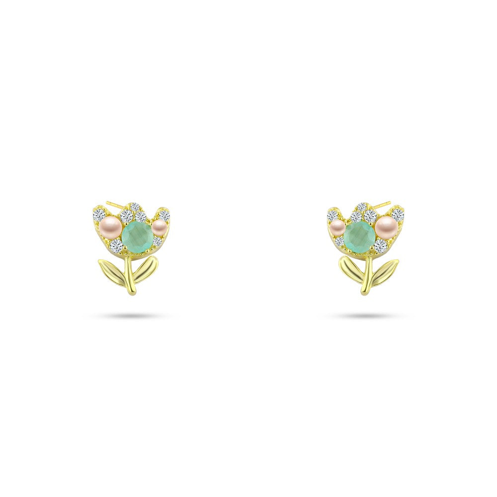 Shiny Zircon Earing Golden With a flower design 925 Sterling Silver