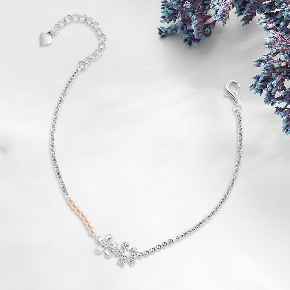 Shiny Zircon Bracelet With A Flower And Pearl Design 925 Sterling Silver