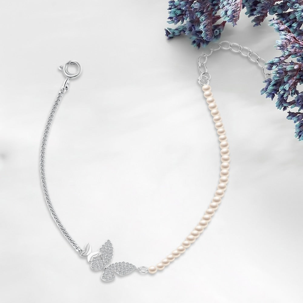 Shiny Zircon Bracelet With A Design Of Pearls And Butterflies 925 Sterling Silver
