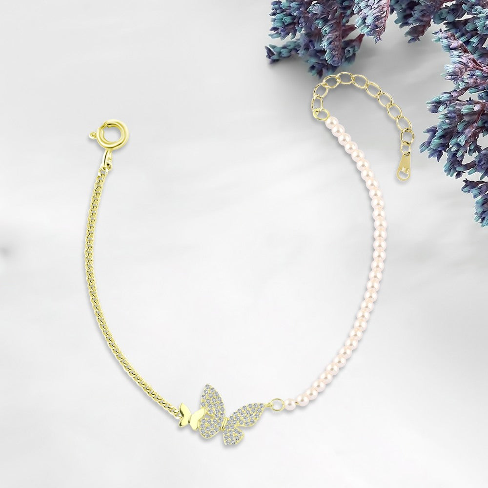 Shiny Zircon Golden Bracelet With A Design Of Pearls Butterflies 925 Sterling Silver