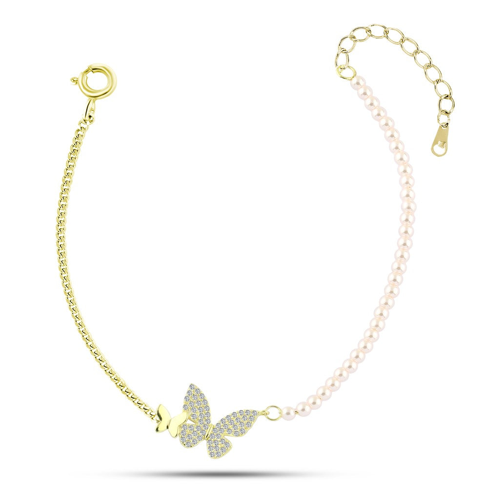 Shiny Zircon Golden Bracelet With A Design Of Pearls Butterflies 925 Sterling Silver