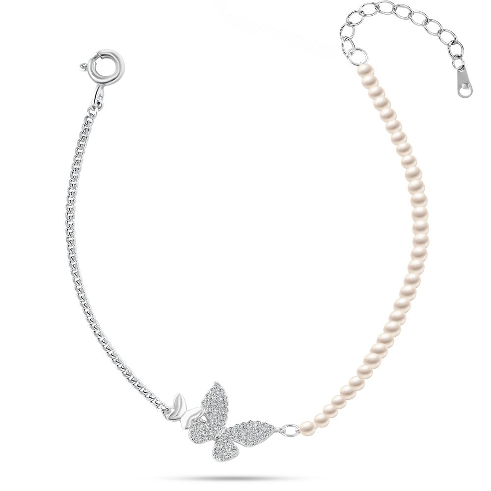 Shiny Zircon Bracelet With A Design Of Pearls And Butterflies 925 Sterling Silver
