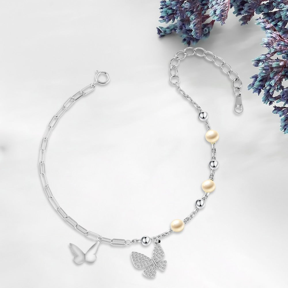 Shiny Zircon Bracelet With A Delicate Butterfly Design And Pearls 925 Sterling Silver