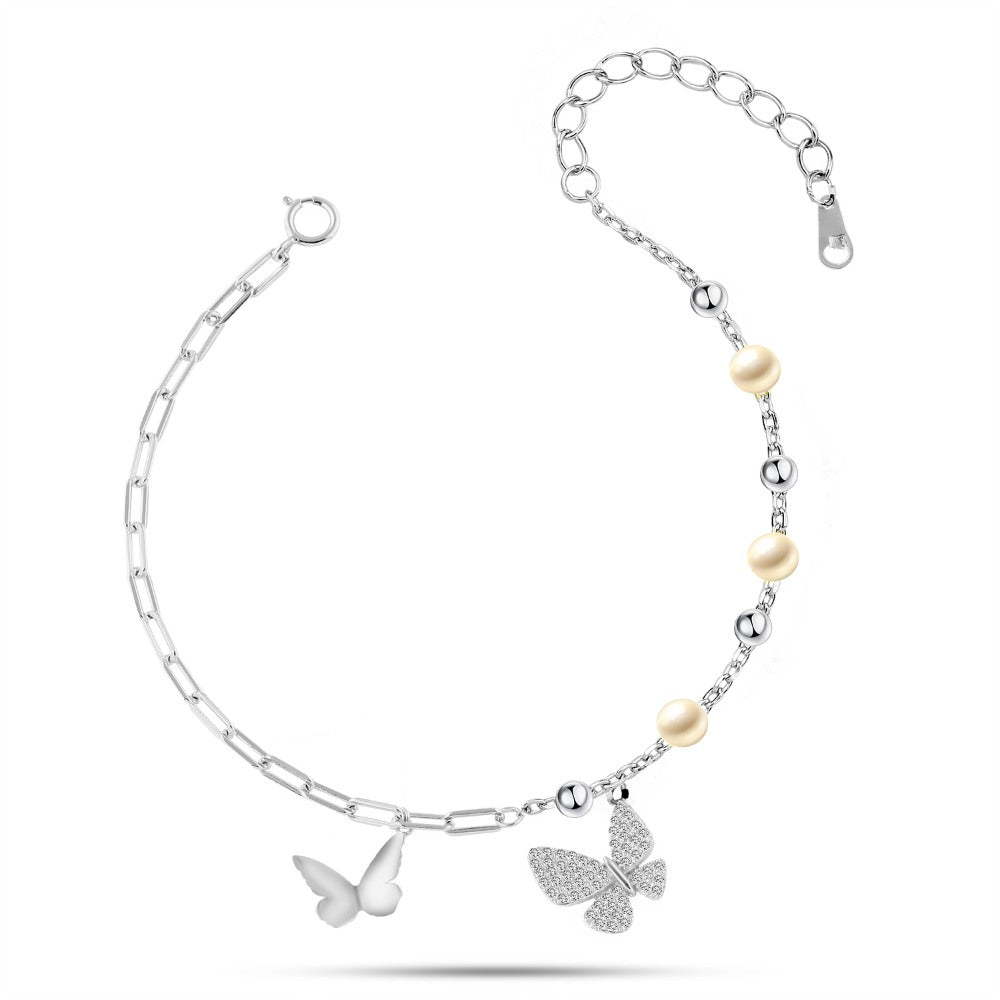 Shiny Zircon Bracelet With A Delicate Butterfly Design And Pearls 925 Sterling Silver