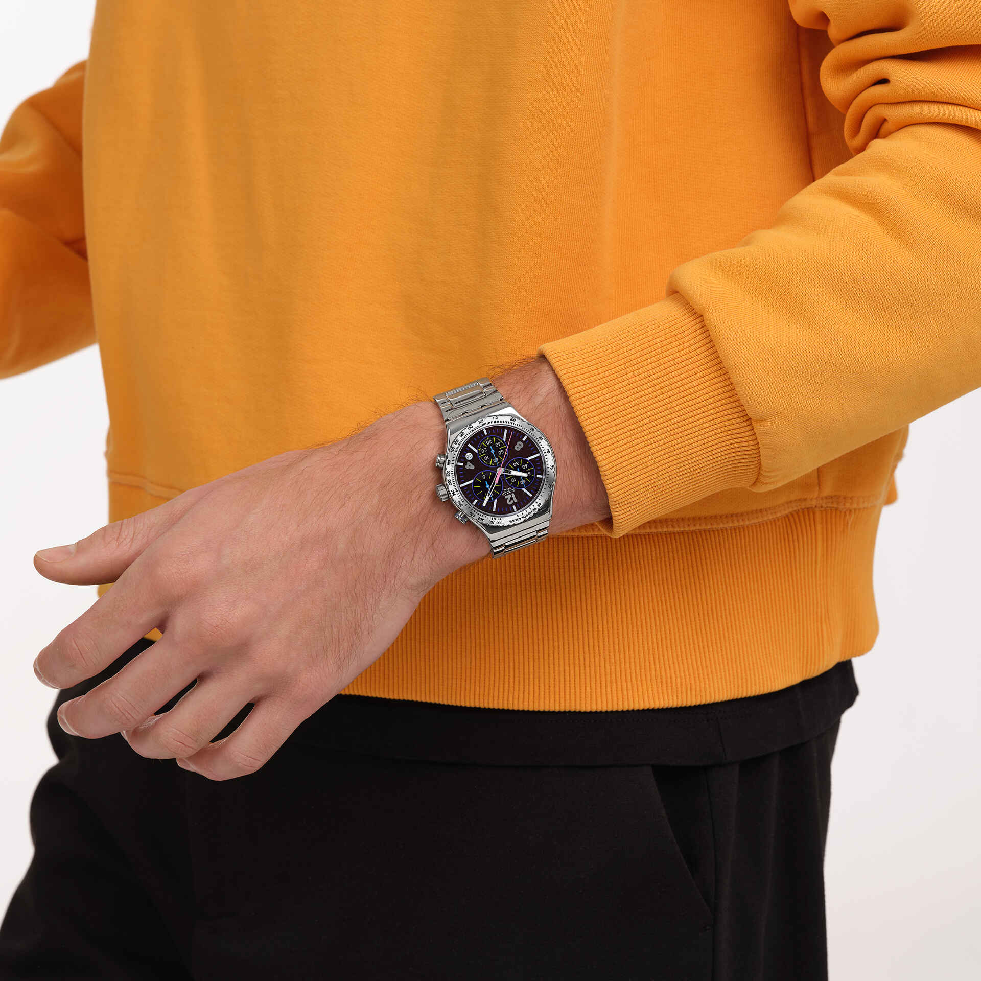 Swatch Purple Glow Chronograph Stainless Steel Strap Mens - YVS533G