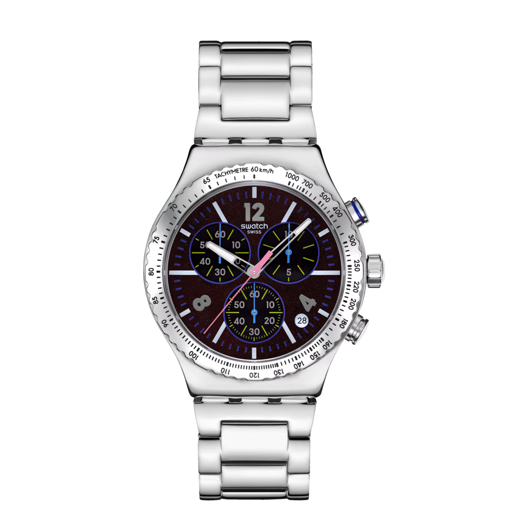 Swatch Purple Glow Chronograph Stainless Steel Strap Mens - YVS533G