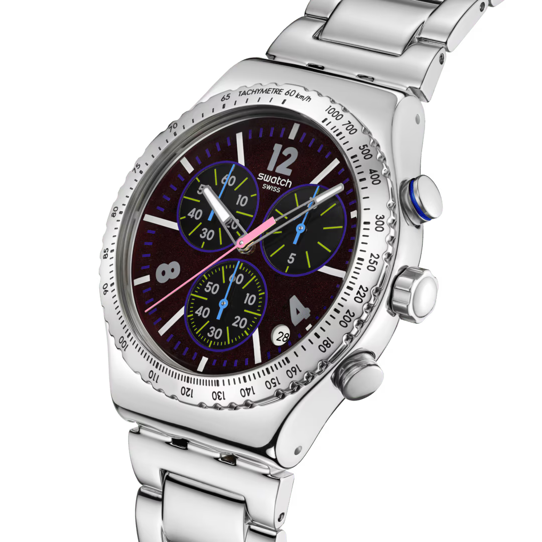 Swatch Purple Glow Chronograph Stainless Steel Strap Mens - YVS533G
