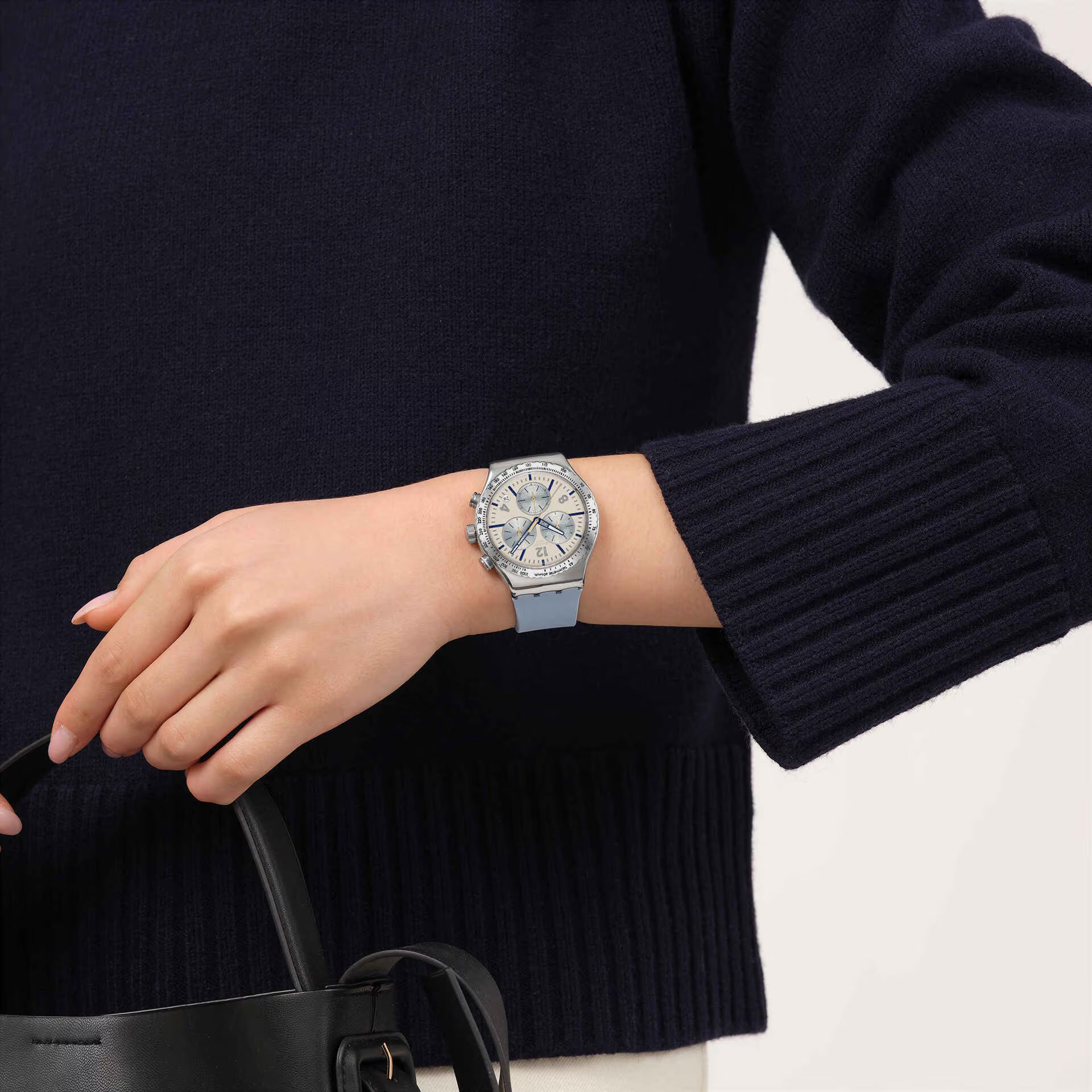 Swatch Irony Blueshift Glow Chronograph Light Blue Rubber Strap For Unisex - YVS536
