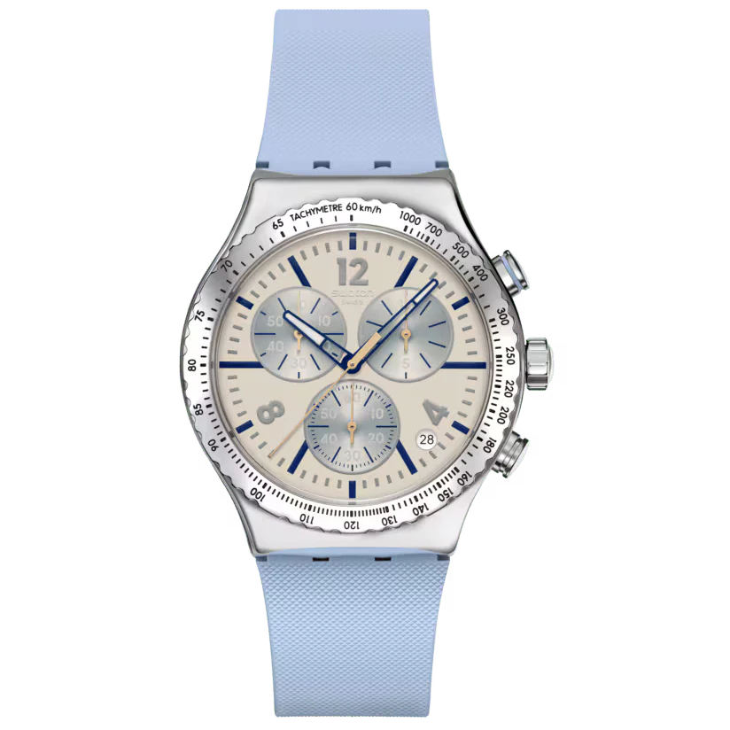 Swatch Irony Blueshift Glow Chronograph Light Blue Rubber Strap For Unisex - YVS536