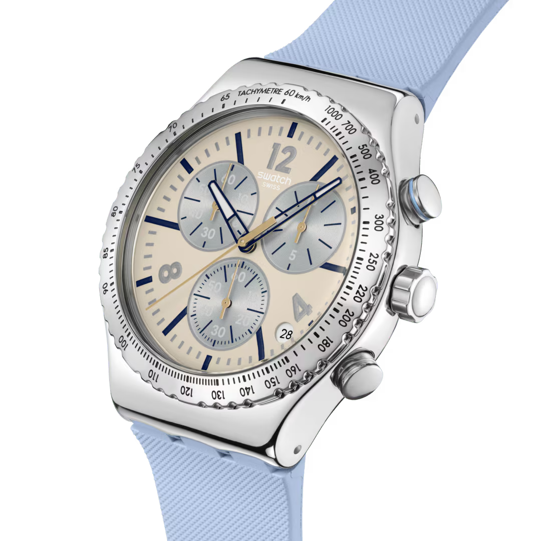 Swatch Irony Blueshift Glow Chronograph Light Blue Rubber Strap For Unisex - YVS536