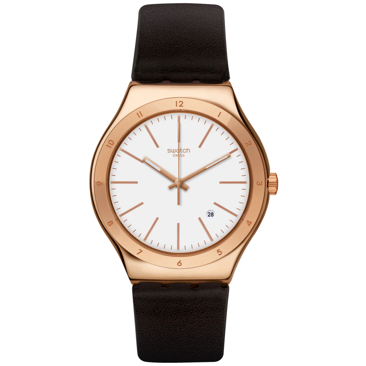 Swatch Tic-Brown Wristwatch Brown Leather Strap For Women - YWG405