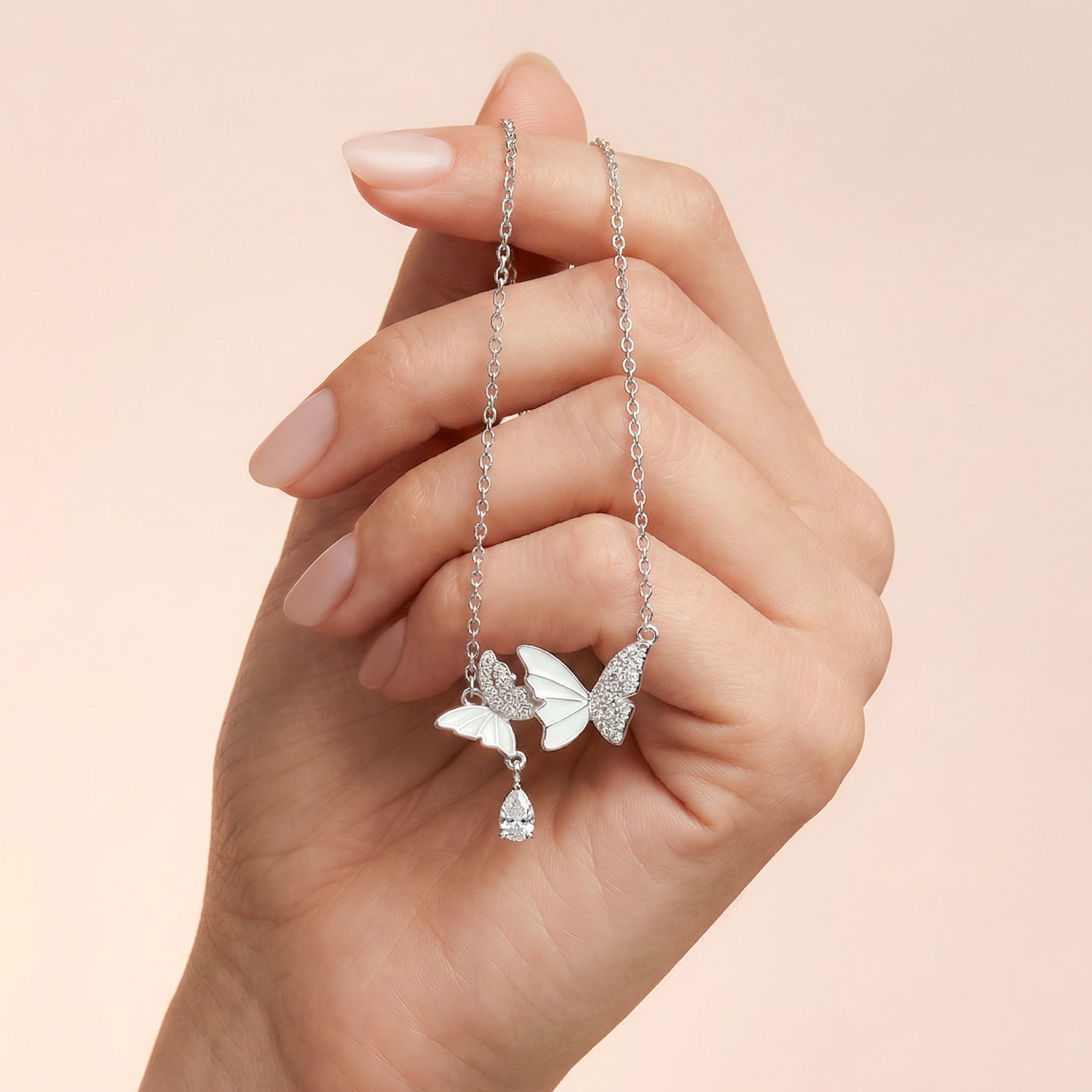 925 Silver Double Butterfly Necklace with Sparkling Stones