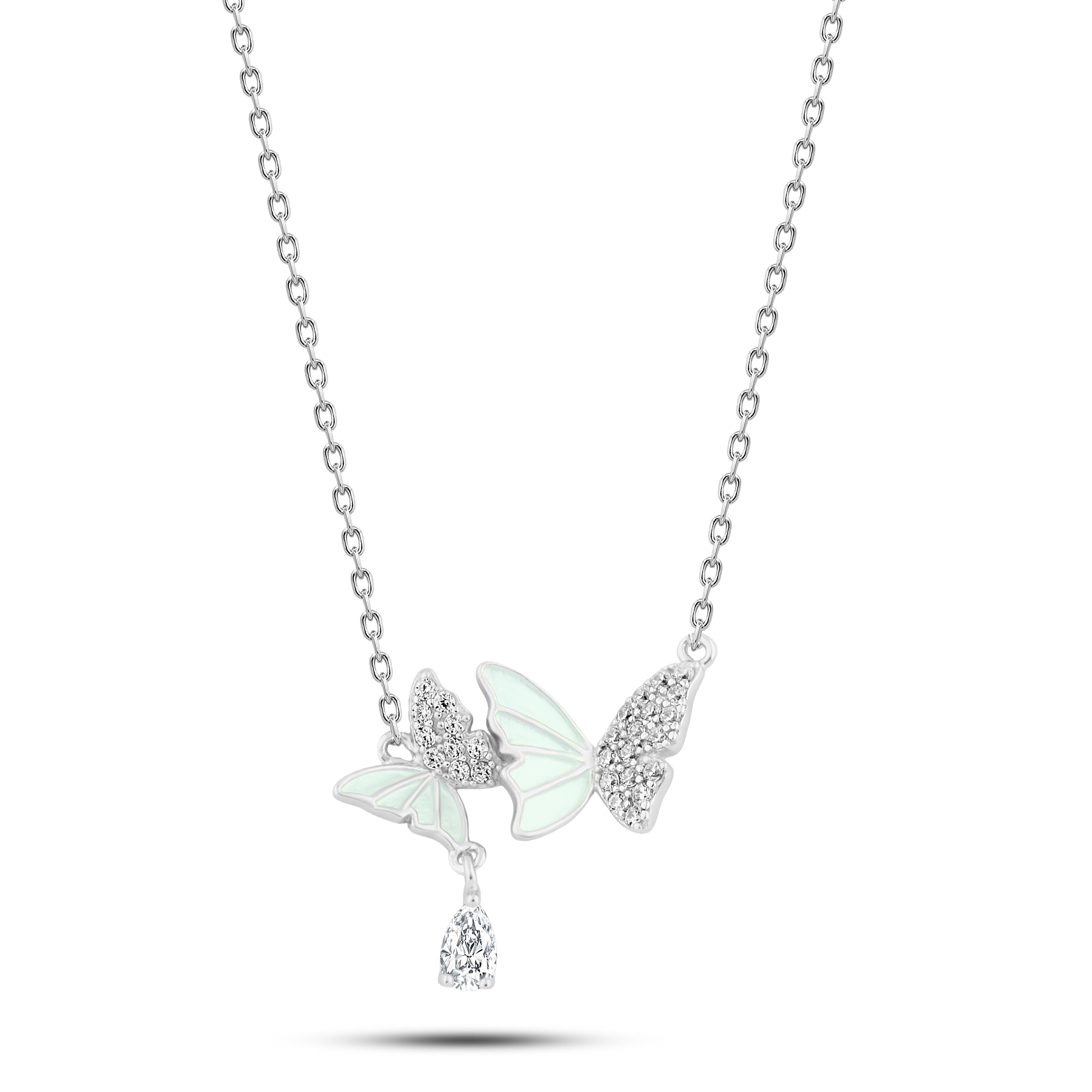 عقد فراشة مزدوجة بفصوص براقة فضة عيار 925