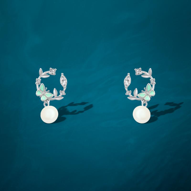 925 Sterling Silver Pearl and Shiny Zircon Earrings