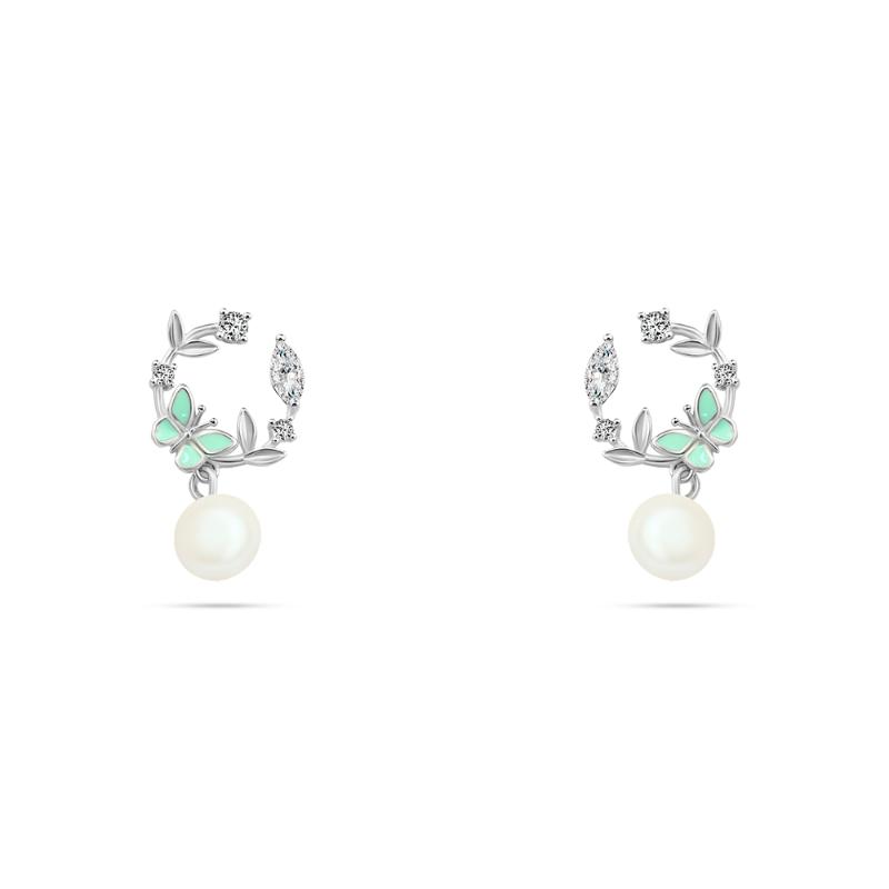 925 Sterling Silver Pearl and Shiny Zircon Earrings