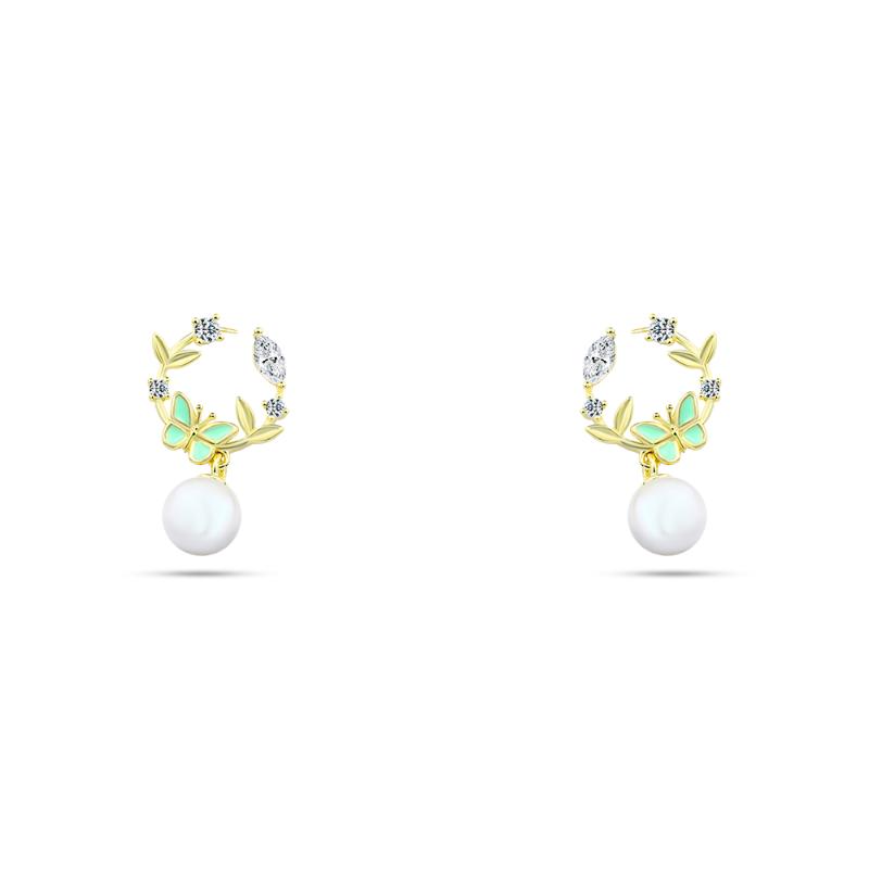 925 sterling silver earrings, gold plated, topped with pearls and shiny zircons