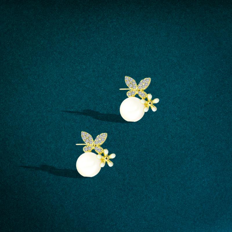 Butterfly earrings crowned with pearls and zircon stones, sterling silver 925