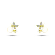 Butterfly earrings crowned with pearls and zircon stones, sterling silver 925