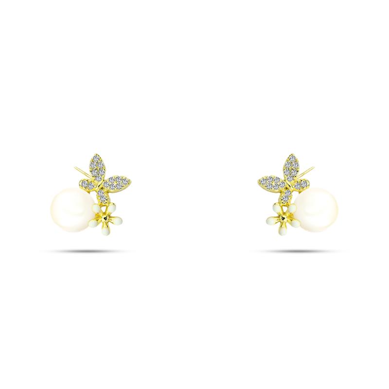 Butterfly earrings crowned with pearls and zircon stones, sterling silver 925