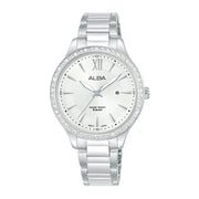 Alba Women’s Analog Wristwatch, Silver Metal with White Crystal-Studded Dial
